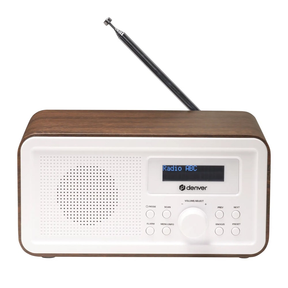 Denver DAB-30DW DAB+/FM-radio / Kannettava DAB-radio / Herätyskello, puupinta
