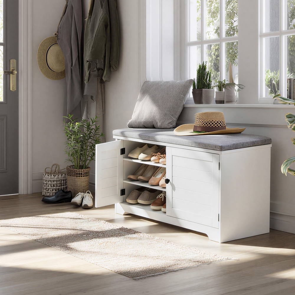 Skobänk med sittdyna 101 cm - Vit/Grå