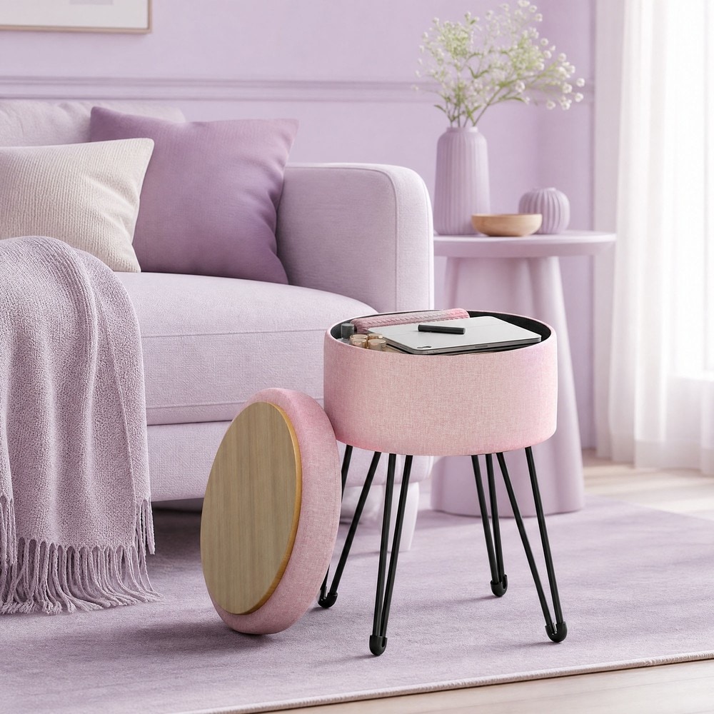Sittpuff med förvaring i linnelook - Rosa/Svart