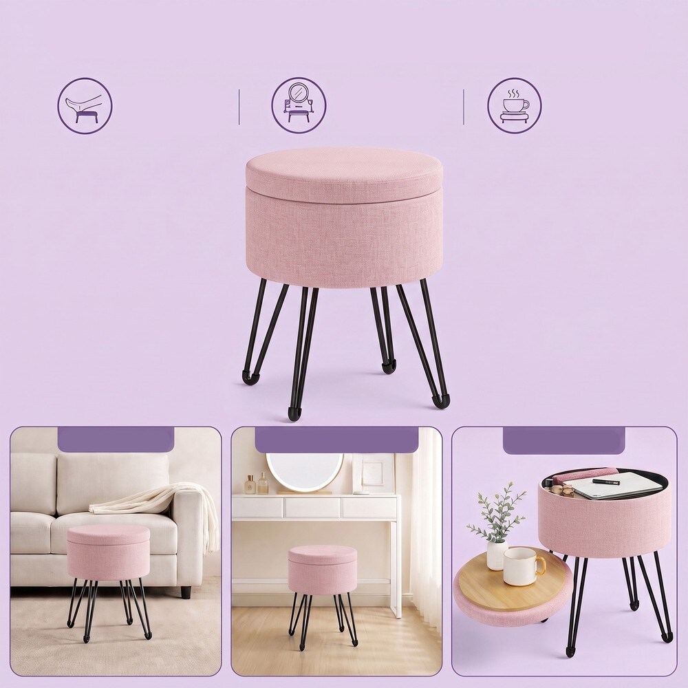 Sittpuff med förvaring i linnelook - Rosa/Svart