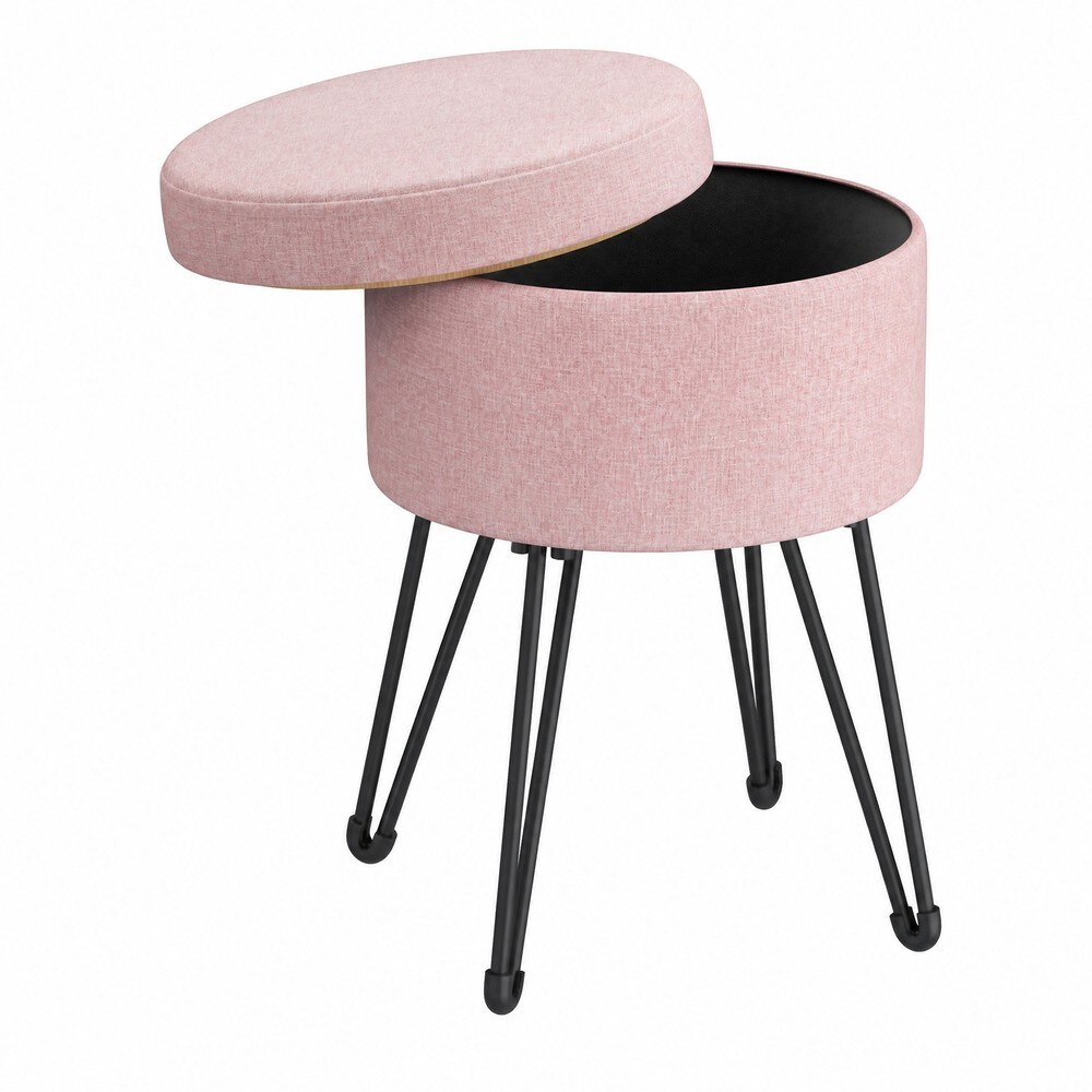Sittpuff med förvaring i linnelook - Rosa/Svart
