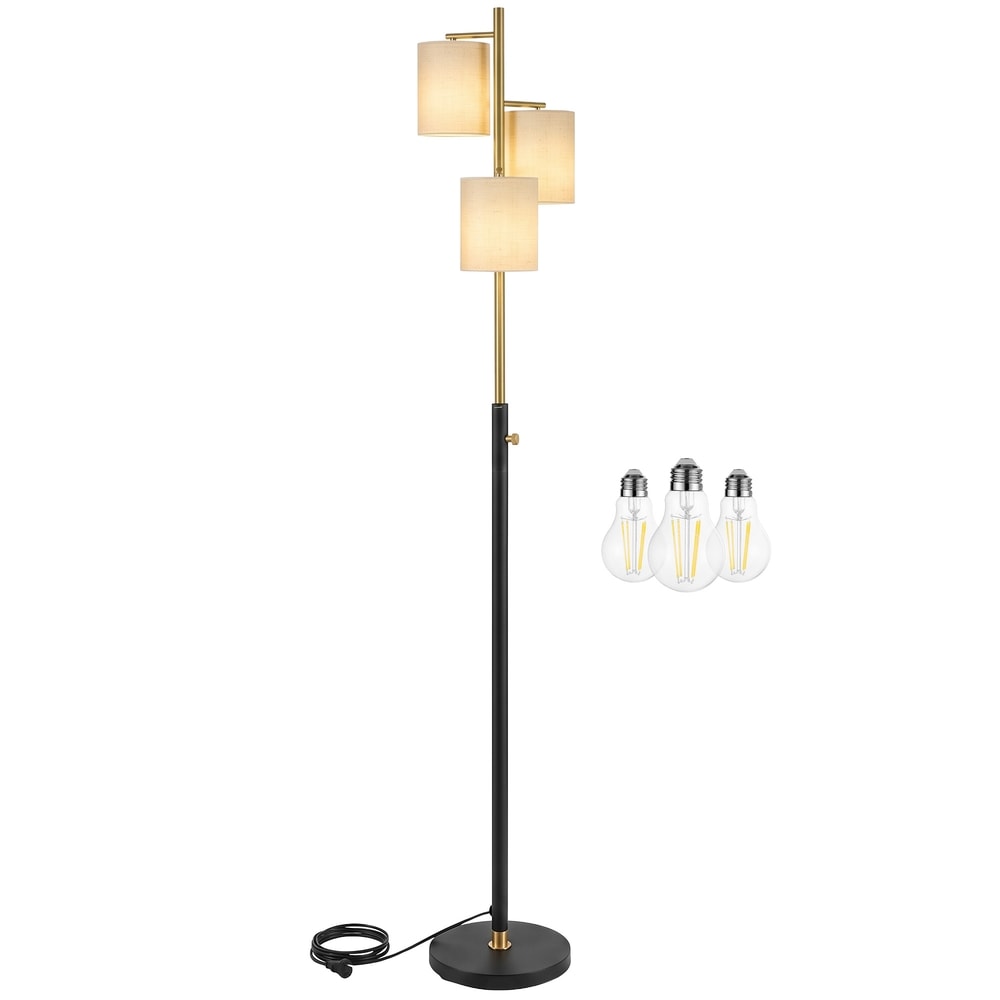 Golvlampa med 3 E27-socklar och tygskärm, höj- och sänkbar - Svart