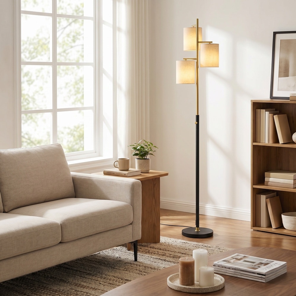 Golvlampa med 3 E27-socklar och tygskärm, höj- och sänkbar - Svart