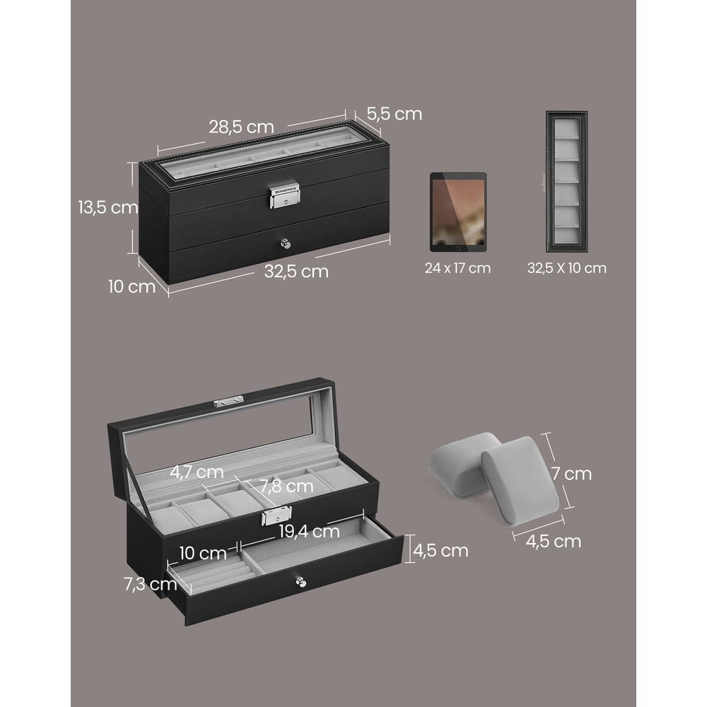 Klockbox med 6 fack, glaslock och låda - Svart/Grå