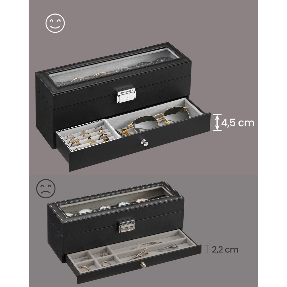 Klockbox med 6 fack, glaslock och låda - Svart/Grå