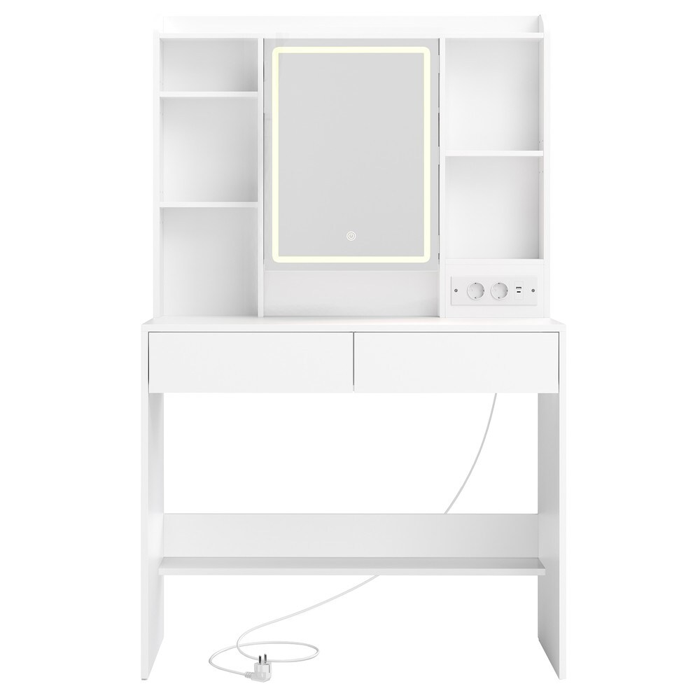 Meikkipöytä LED-peilillä ja pistorasioilla – Valkoinen, 90 x 40 x 145 cm, laatikot ja USB