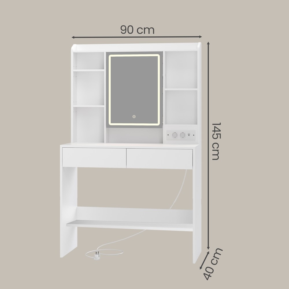 Meikkipöytä LED-peilillä ja pistorasioilla – Valkoinen, 90 x 40 x 145 cm, laatikot ja USB