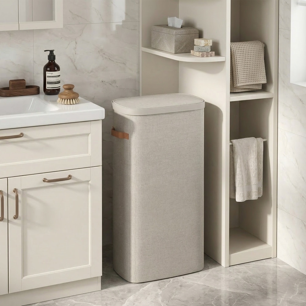 Kapea pyykkikori kannella 65 L – cappuccinonbeige, irrotettava pyykkipussi, 39 x 22 x 75 cm
