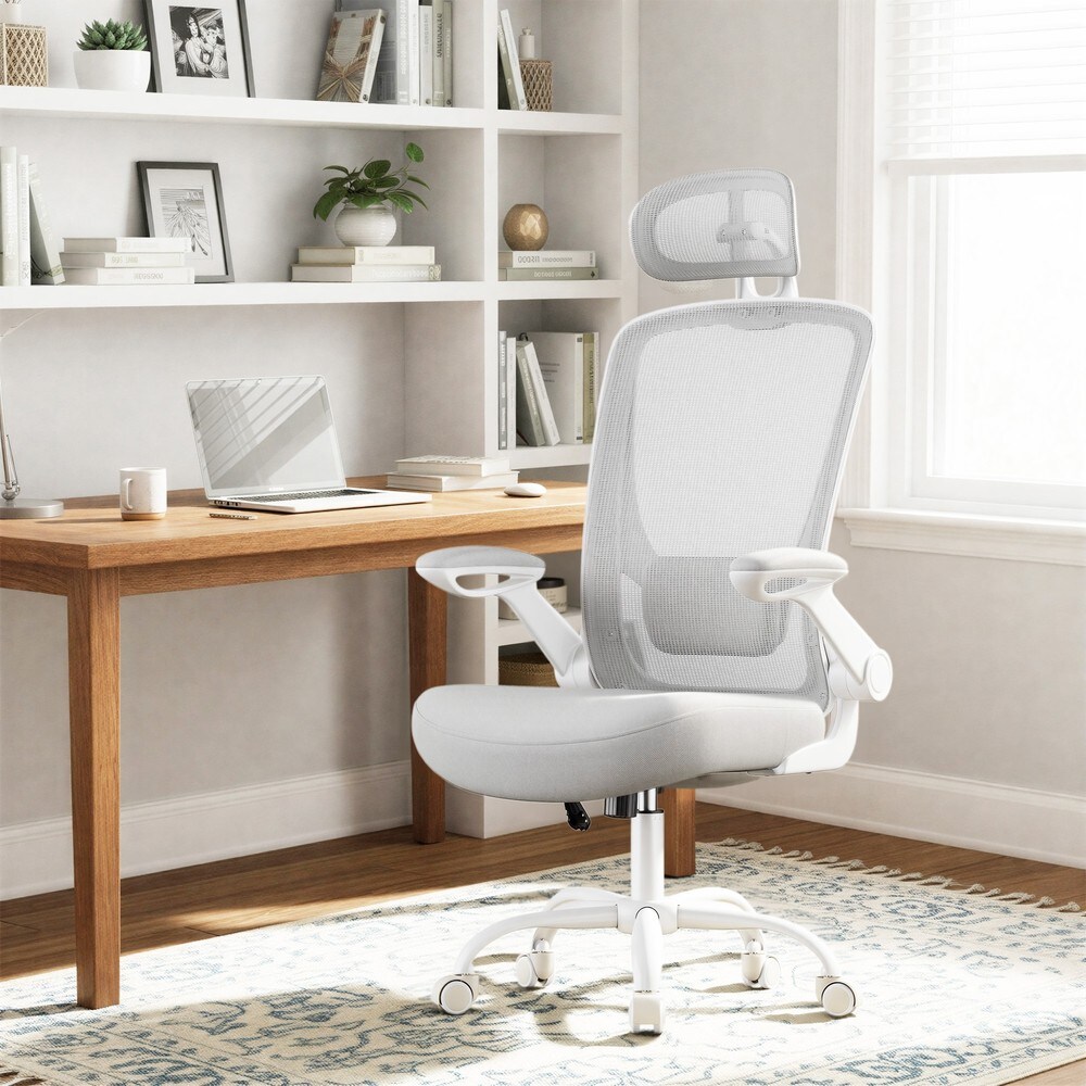 Ergonomisk kontorsstol med nackstöd och fällbara armstöd - Ljusgrå