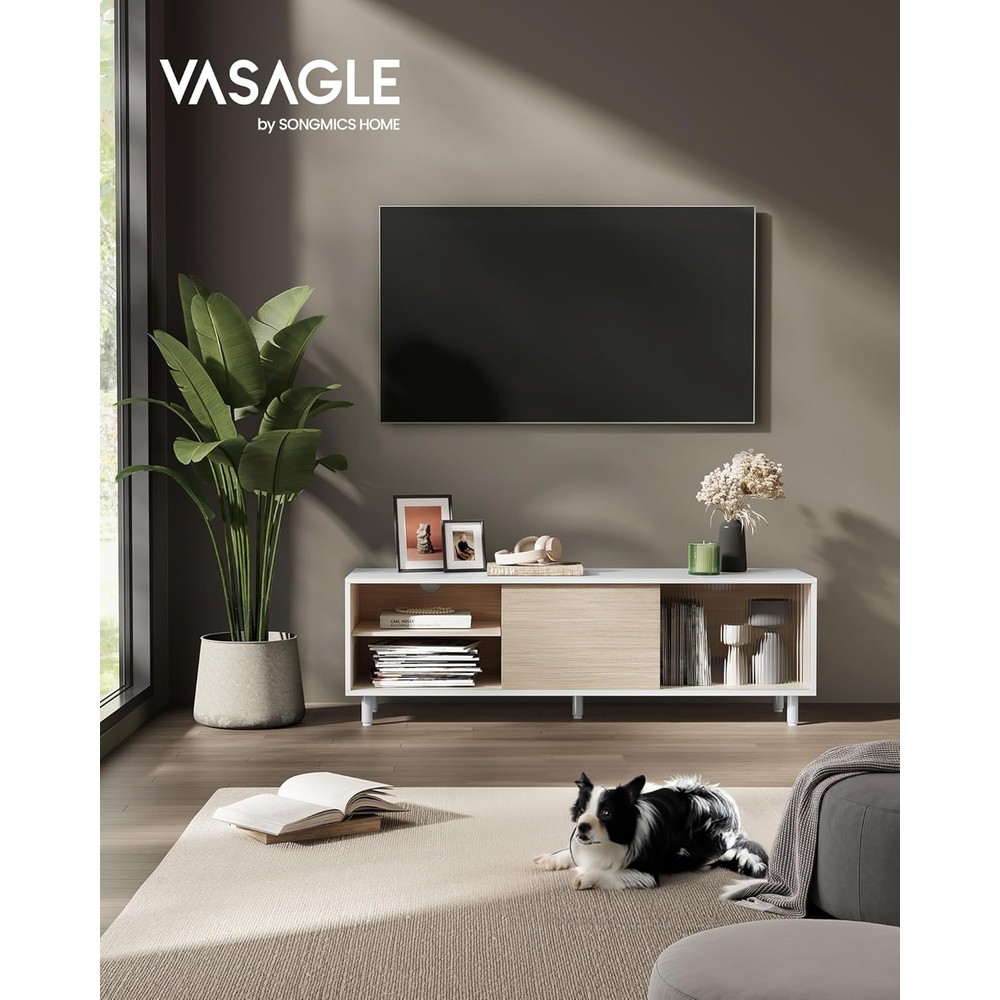 TV-taso 140 cm – Valkoinen ja beige TV-taso uritetulla lasilla, säilytystilalla ja teräsjaloilla, enintään 60 tuuman televisioille