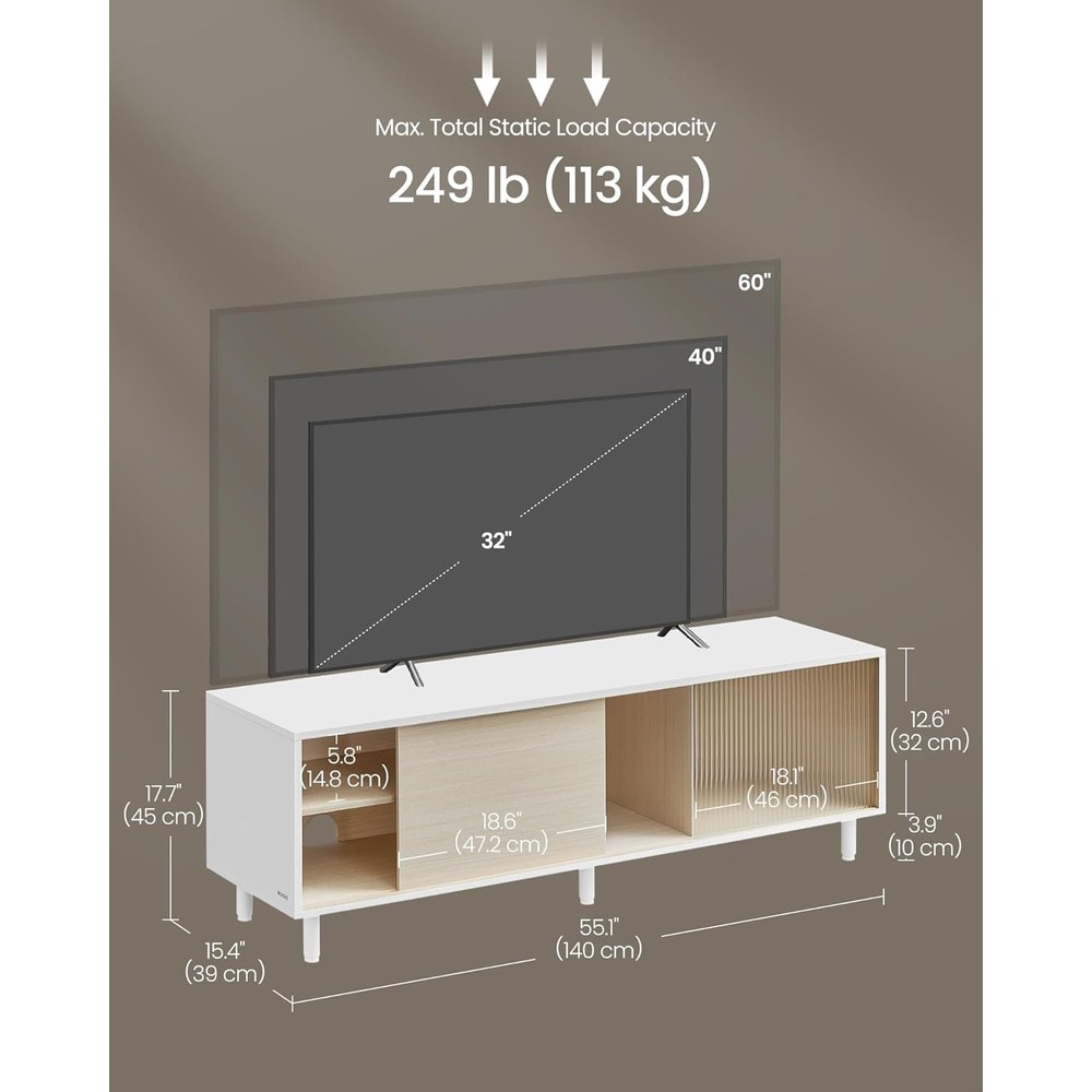 TV-taso 140 cm – Valkoinen ja beige TV-taso uritetulla lasilla, säilytystilalla ja teräsjaloilla, enintään 60 tuuman televisioille