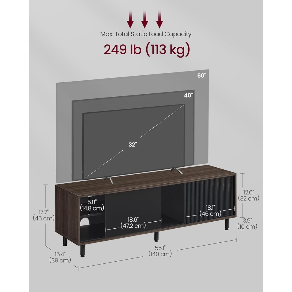 TV-taso 140 cm – Ruskea ja musta televisiotaso uritetuilla lasiliukuovilla, säädettävät hyllyt, enintään 60 tuuman TV