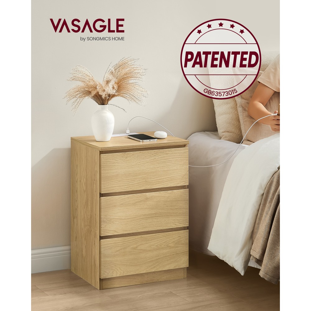 Yöpöytä latausasemalla ja 3 laatikolla, 2 pistorasiaa ja 2 USB-porttia, 40 x 35 x 59 cm – tammi