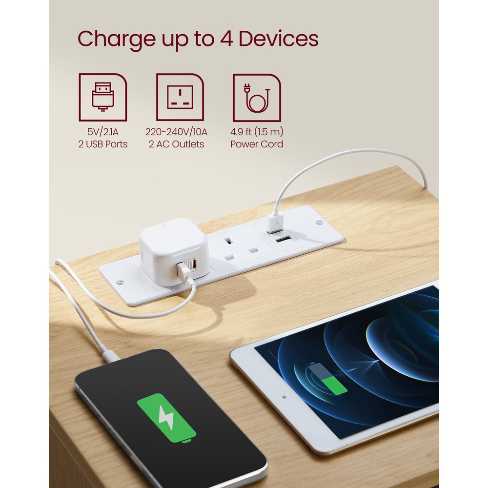 Yöpöytä latausasemalla ja 3 laatikolla, 2 pistorasiaa ja 2 USB-porttia, 40 x 35 x 59 cm – tammi