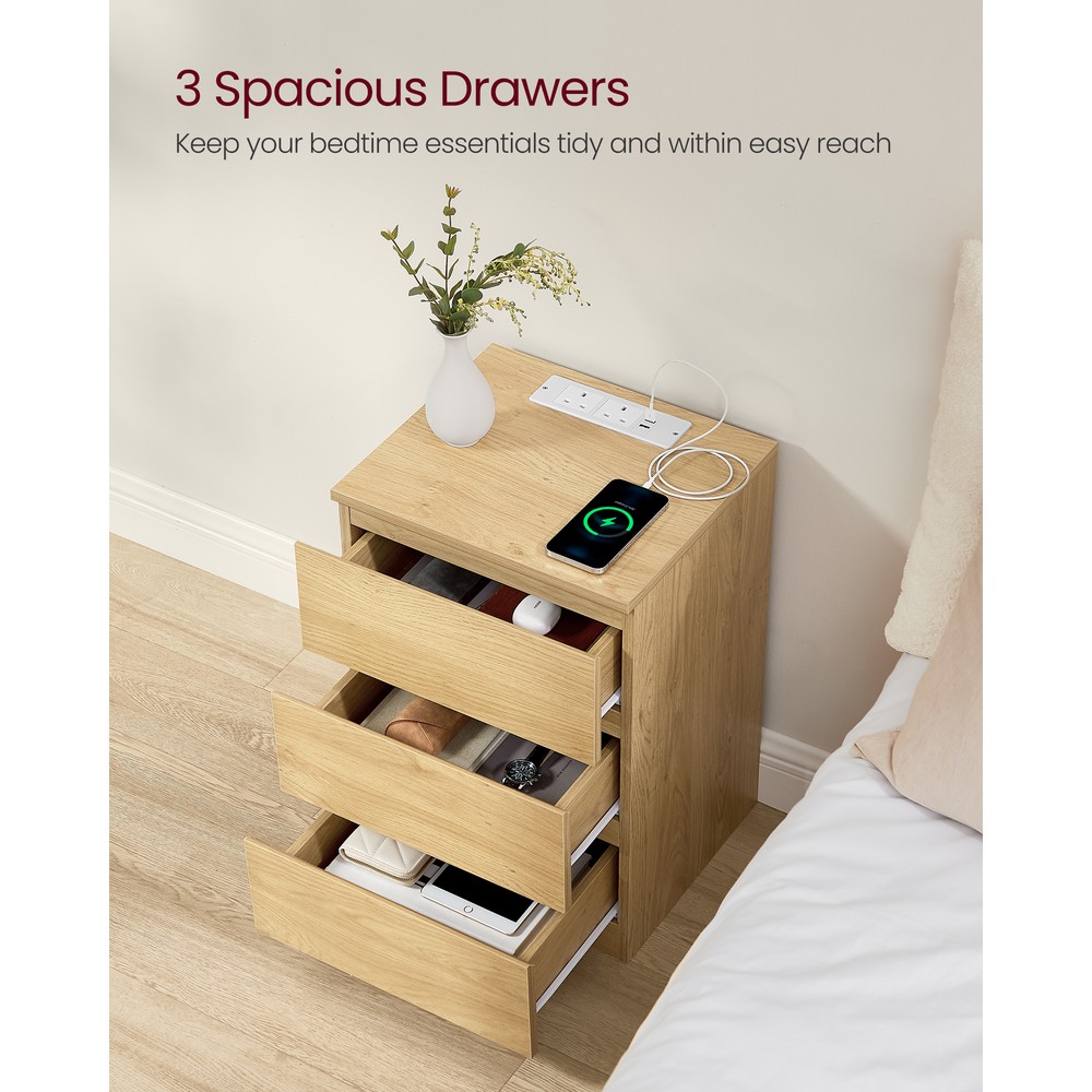 Yöpöytä latausasemalla ja 3 laatikolla, 2 pistorasiaa ja 2 USB-porttia, 40 x 35 x 59 cm – tammi
