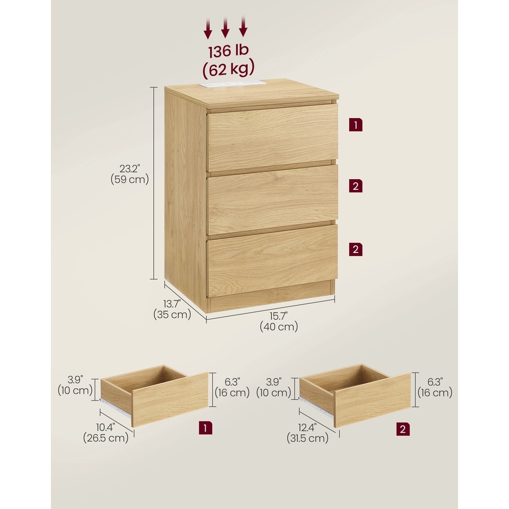 Yöpöytä latausasemalla ja 3 laatikolla, 2 pistorasiaa ja 2 USB-porttia, 40 x 35 x 59 cm – tammi