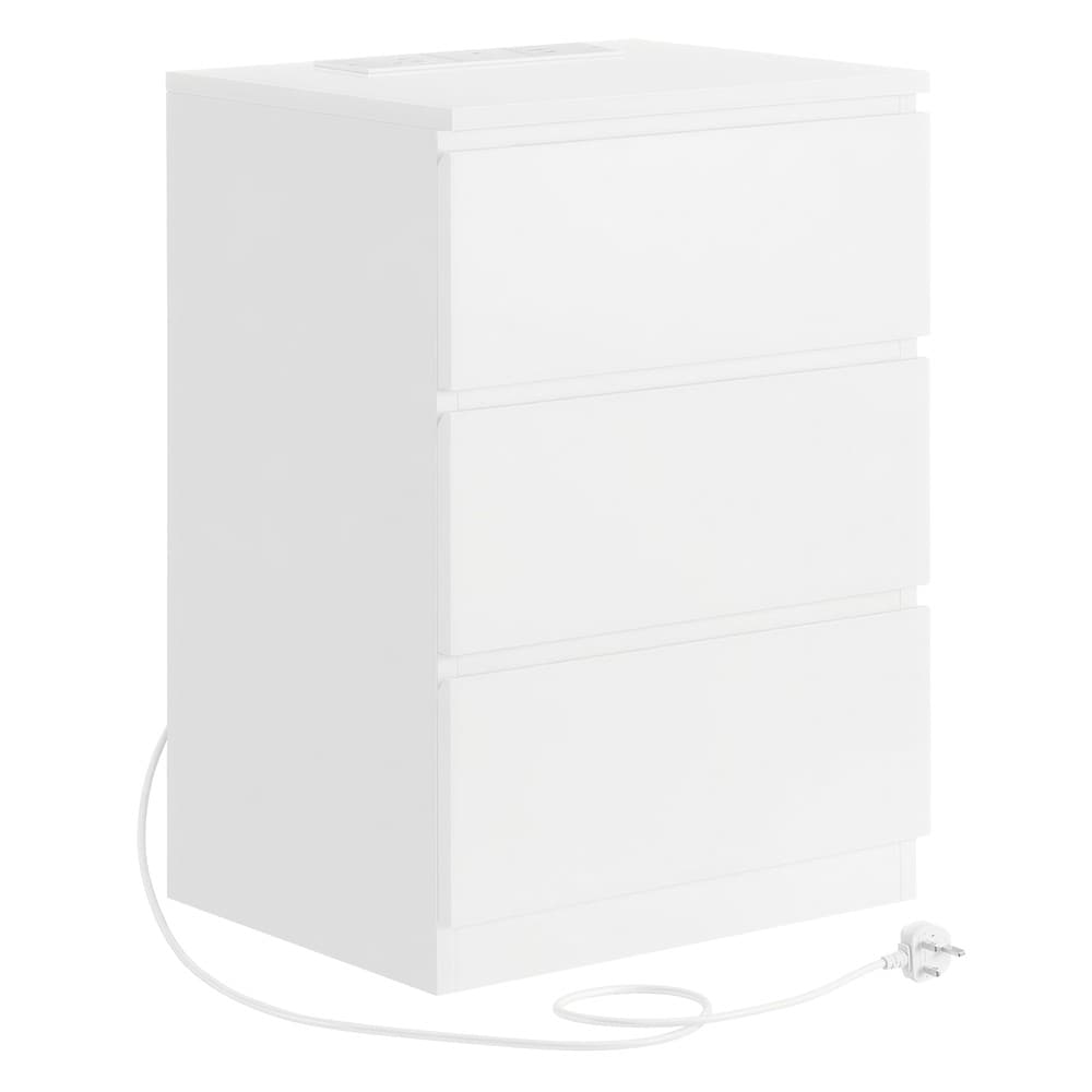 Valkoinen yöpöytä latausasemalla ja 3 laatikolla, 2 pistorasiaa ja 2 USB-porttia, 40 x 35 x 59 cm