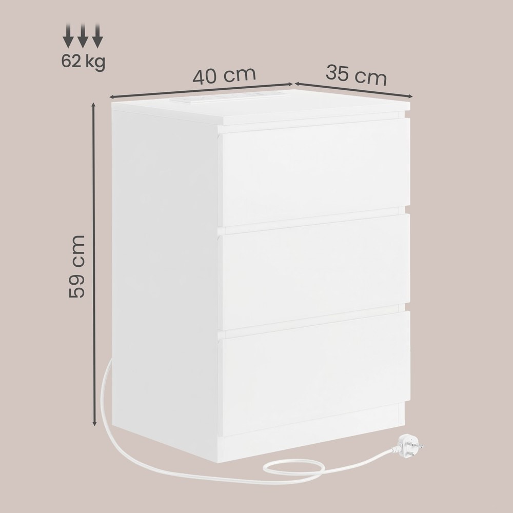 Valkoinen yöpöytä latausasemalla ja 3 laatikolla, 2 pistorasiaa ja 2 USB-porttia, 40 x 35 x 59 cm
