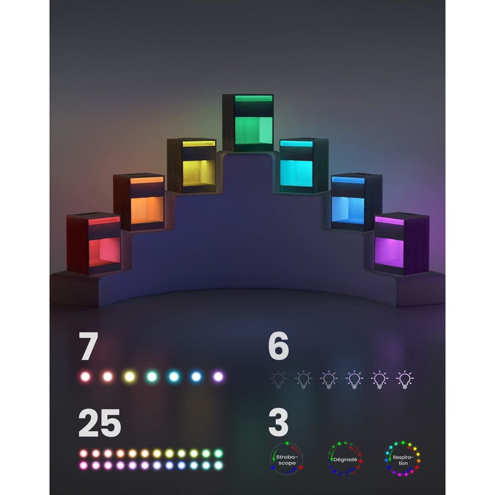 Musta yöpöytä LED-valaistuksella ja latausasemalla, 25 valon väriä, 2 pistorasiaa, 2 USB-porttia, 40 x 35 x 55 cm