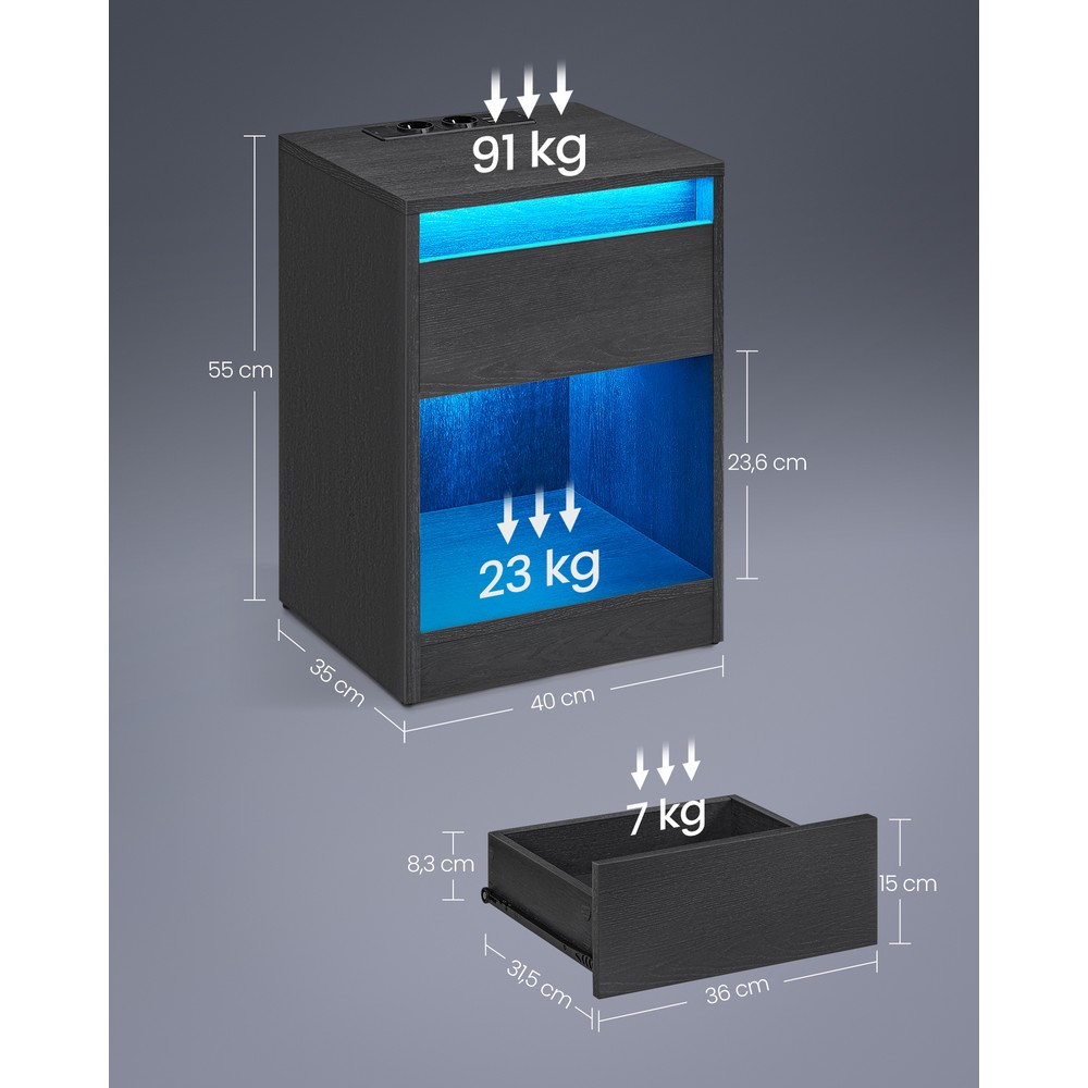 Musta yöpöytä LED-valaistuksella ja latausasemalla, 25 valon väriä, 2 pistorasiaa, 2 USB-porttia, 40 x 35 x 55 cm