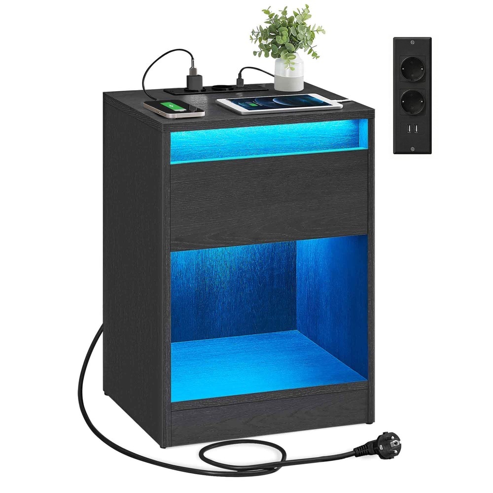 Sängbord med LED-belysning, eluttag, USB och låda - Svart ek