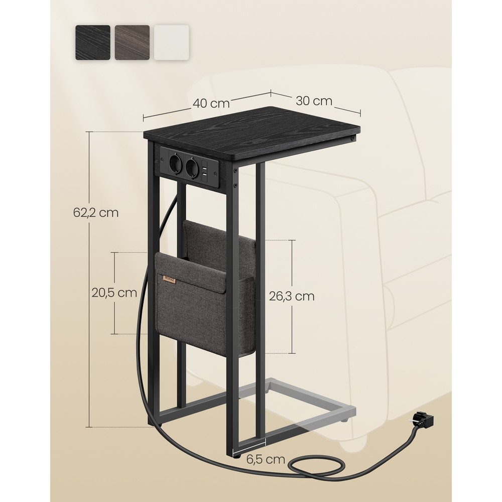 Musta C-mallinen sivupöytä latausasemalla, 2 pistorasiaa, 2 USB-porttia ja säilytystasku, 40 x 30 x 62 cm