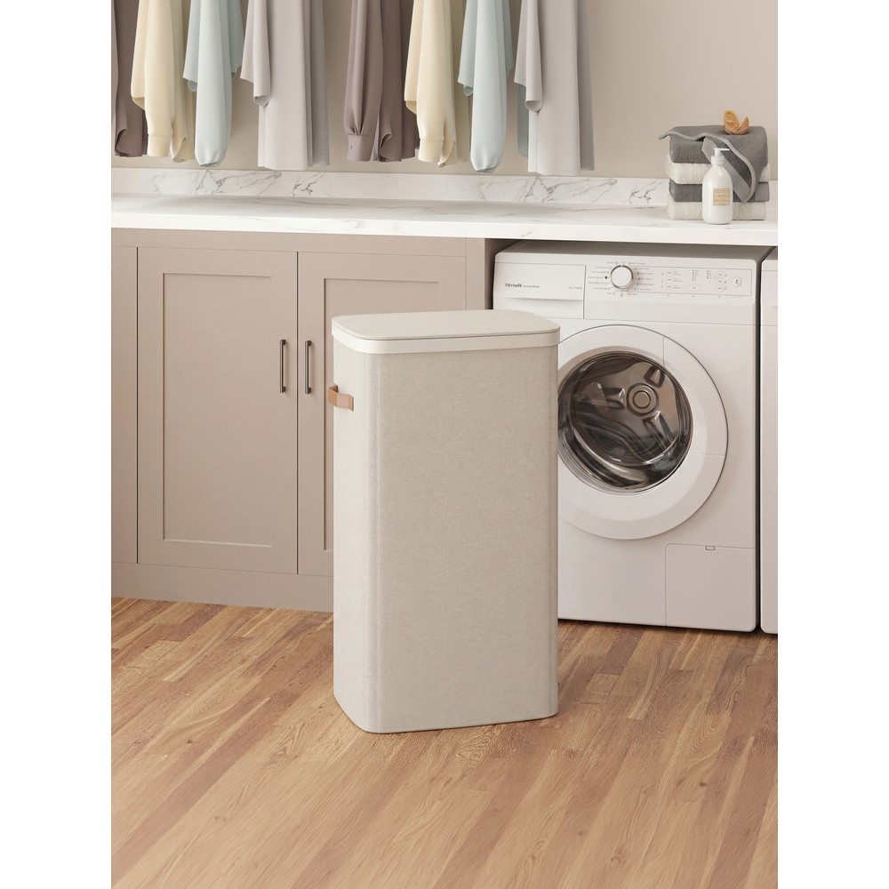 Hopfällbar tvättkorg med lock 100L - Ljusbeige