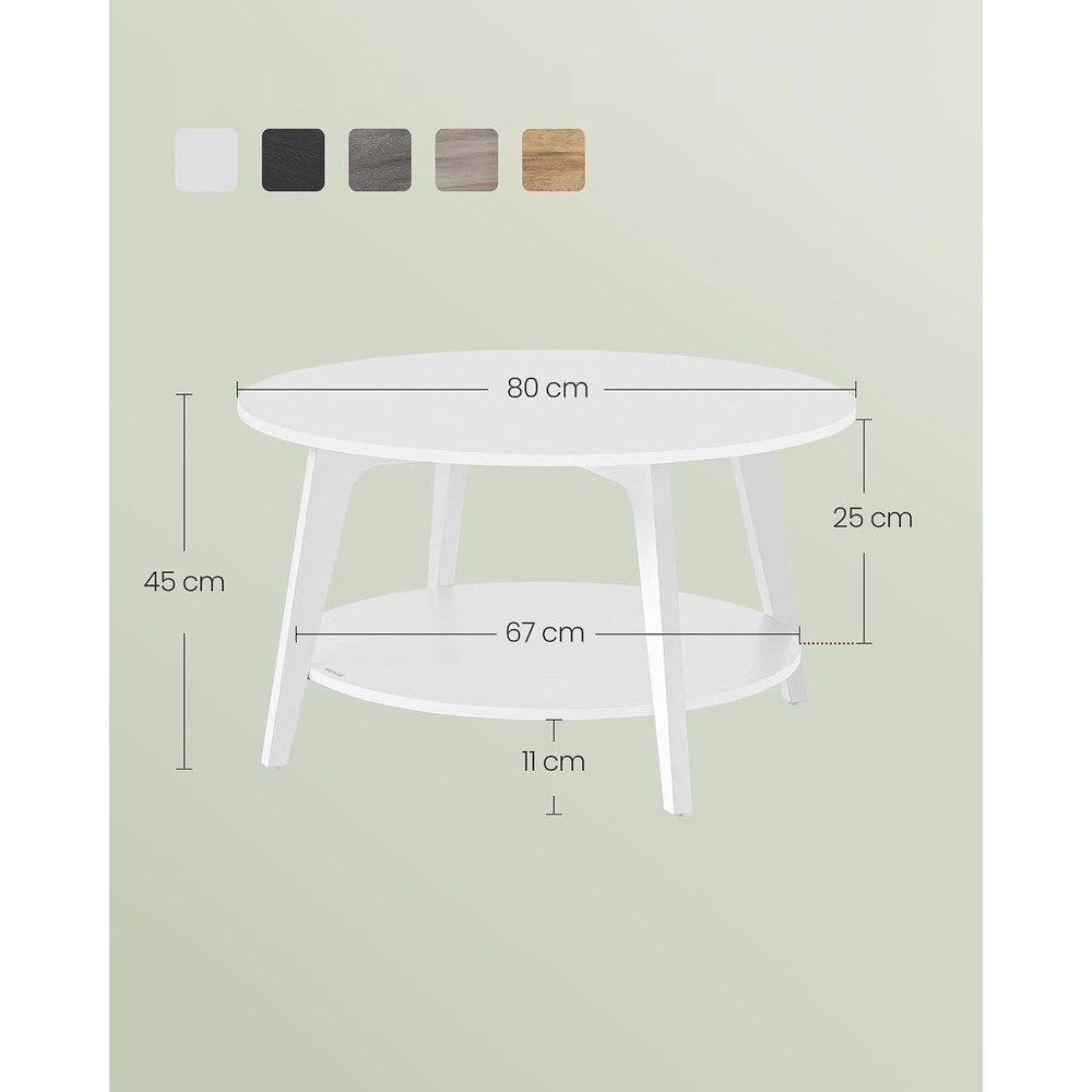 Pyöreä sohvapöytä 80 x 45 cm, valkoinen, 2-tasoinen olohuoneen pöytä säilytyshyllyllä