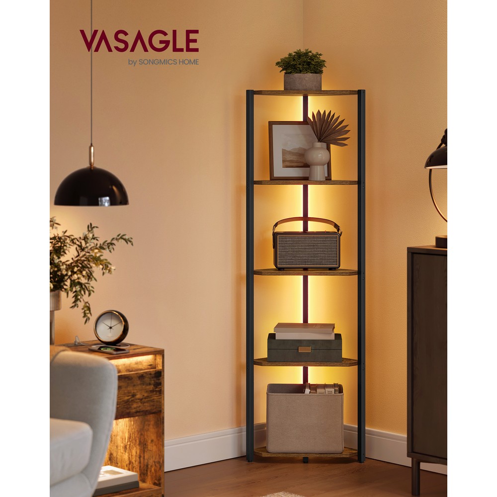 Kulmahylly LED-valaistuksella, 5 hyllytasoa, 7 valon väriä, ruskea ja musta, 48 x 24,8 x 146,6 cm