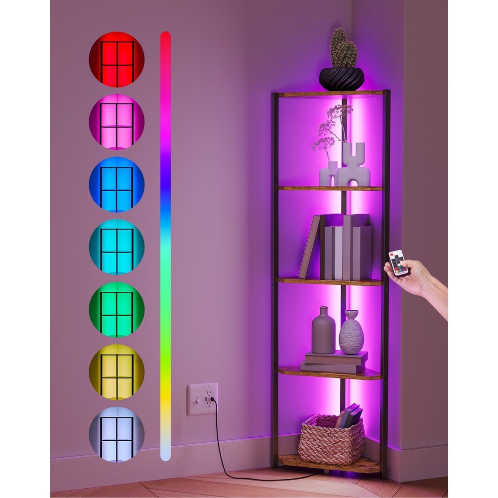 Kulmahylly LED-valaistuksella, 5 hyllytasoa, 7 valon väriä, ruskea ja musta, 48 x 24,8 x 146,6 cm