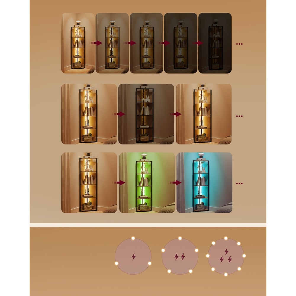 Kulmahylly LED-valaistuksella, 5 hyllytasoa, 7 valon väriä, ruskea ja musta, 48 x 24,8 x 146,6 cm