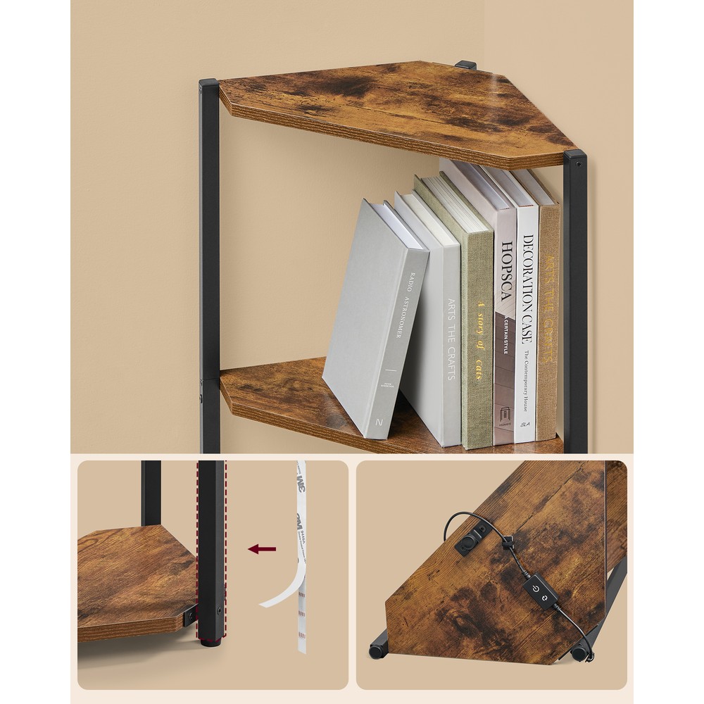 Kulmahylly LED-valaistuksella, 5 hyllytasoa, 7 valon väriä, ruskea ja musta, 48 x 24,8 x 146,6 cm
