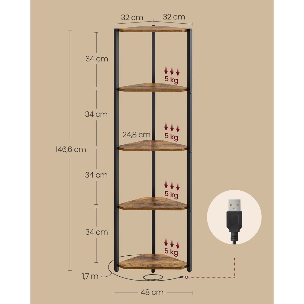 Kulmahylly LED-valaistuksella, 5 hyllytasoa, 7 valon väriä, ruskea ja musta, 48 x 24,8 x 146,6 cm
