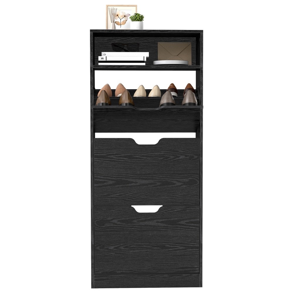 Musta kenkäkaappi 3 kääntölokerolla, 15–18 kenkäparille, kapea 24 cm, 60 x 24 x 139 cm
