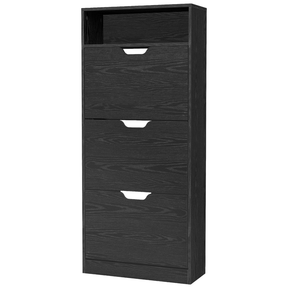 Musta kenkäkaappi 3 kääntölokerolla, 15–18 kenkäparille, kapea 24 cm, 60 x 24 x 139 cm