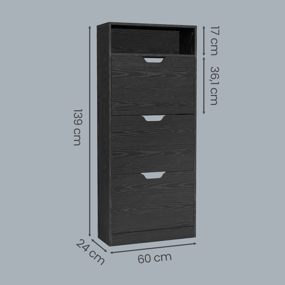 Musta kenkäkaappi 3 kääntölokerolla, 15–18 kenkäparille, kapea 24 cm, 60 x 24 x 139 cm