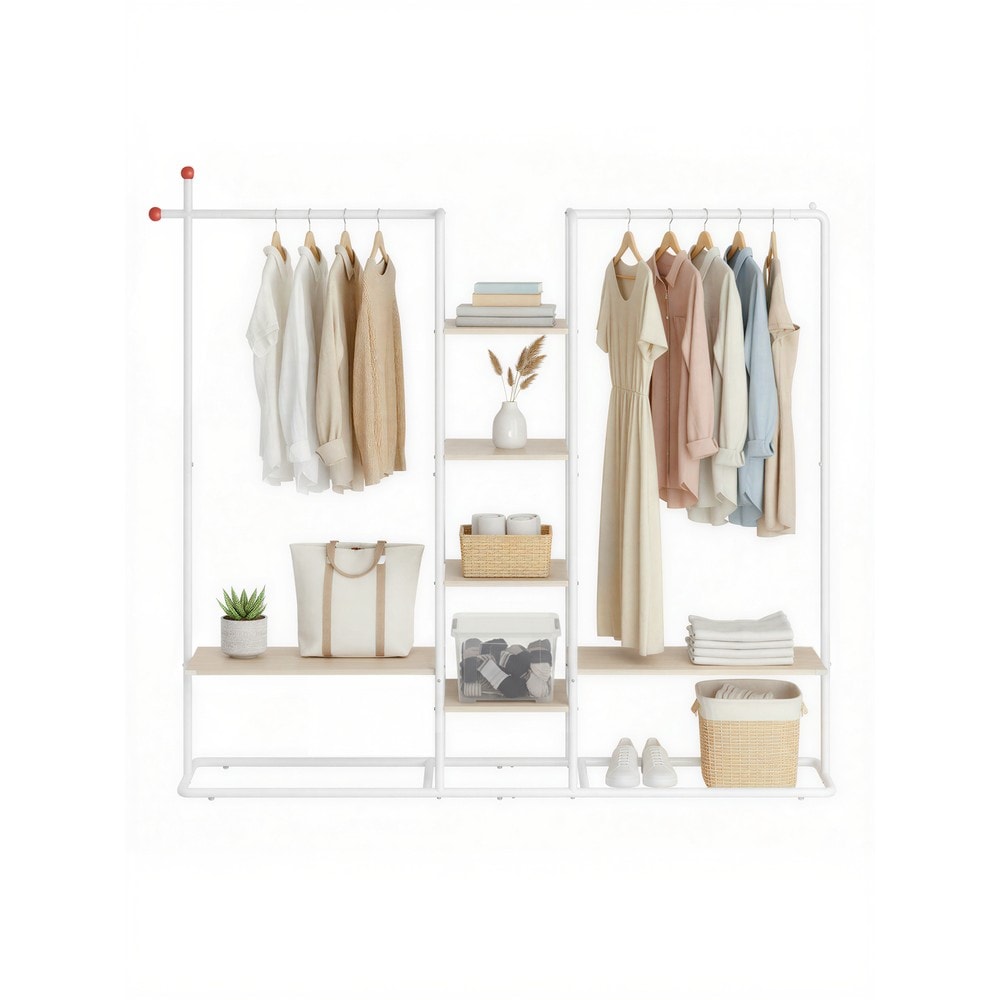 Avoin vaatekaappi 163,6 cm – 2 vaatetankoa, 6 hyllyä ja 2 koukkua, beige/valkoinen