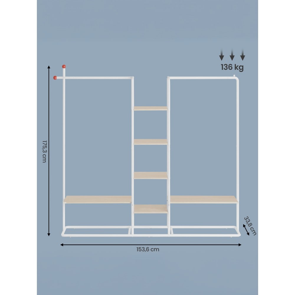 Avoin vaatekaappi 163,6 cm – 2 vaatetankoa, 6 hyllyä ja 2 koukkua, beige/valkoinen