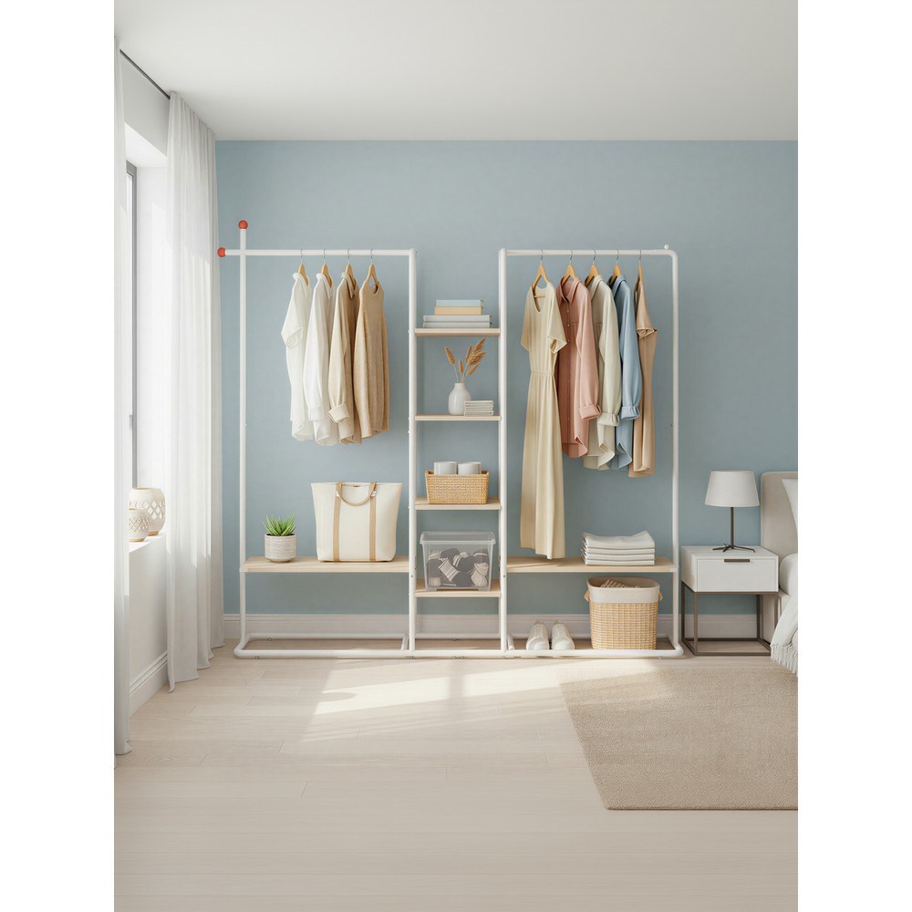 Avoin vaatekaappi 163,6 cm – 2 vaatetankoa, 6 hyllyä ja 2 koukkua, beige/valkoinen