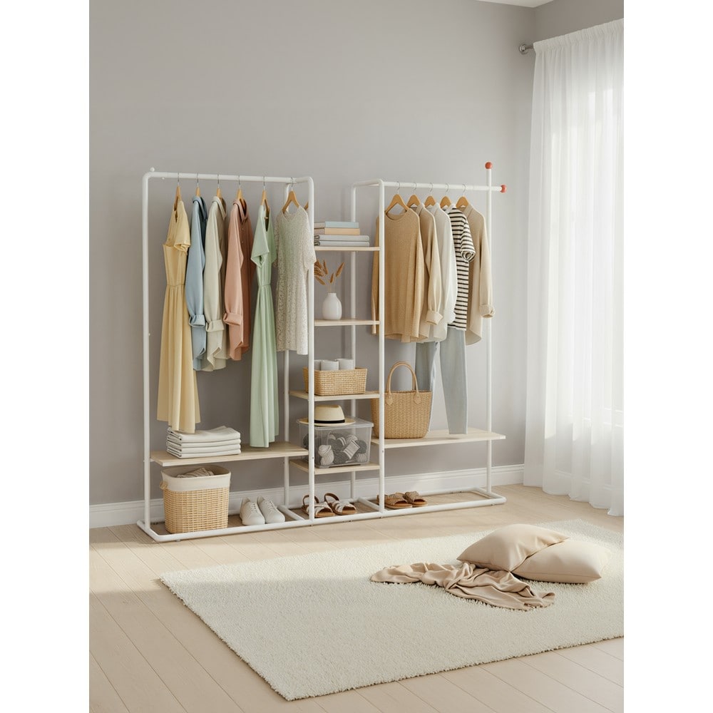 Avoin vaatekaappi 163,6 cm – 2 vaatetankoa, 6 hyllyä ja 2 koukkua, beige/valkoinen