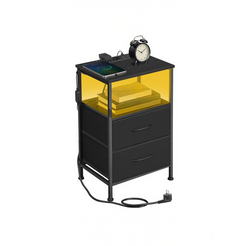 Yöpöytä LED-valaistuksella ja latauspisteellä, 2 laatikkoa, USB-A/USB-C, 39,6 x 30 x 60,4 cm, musta
