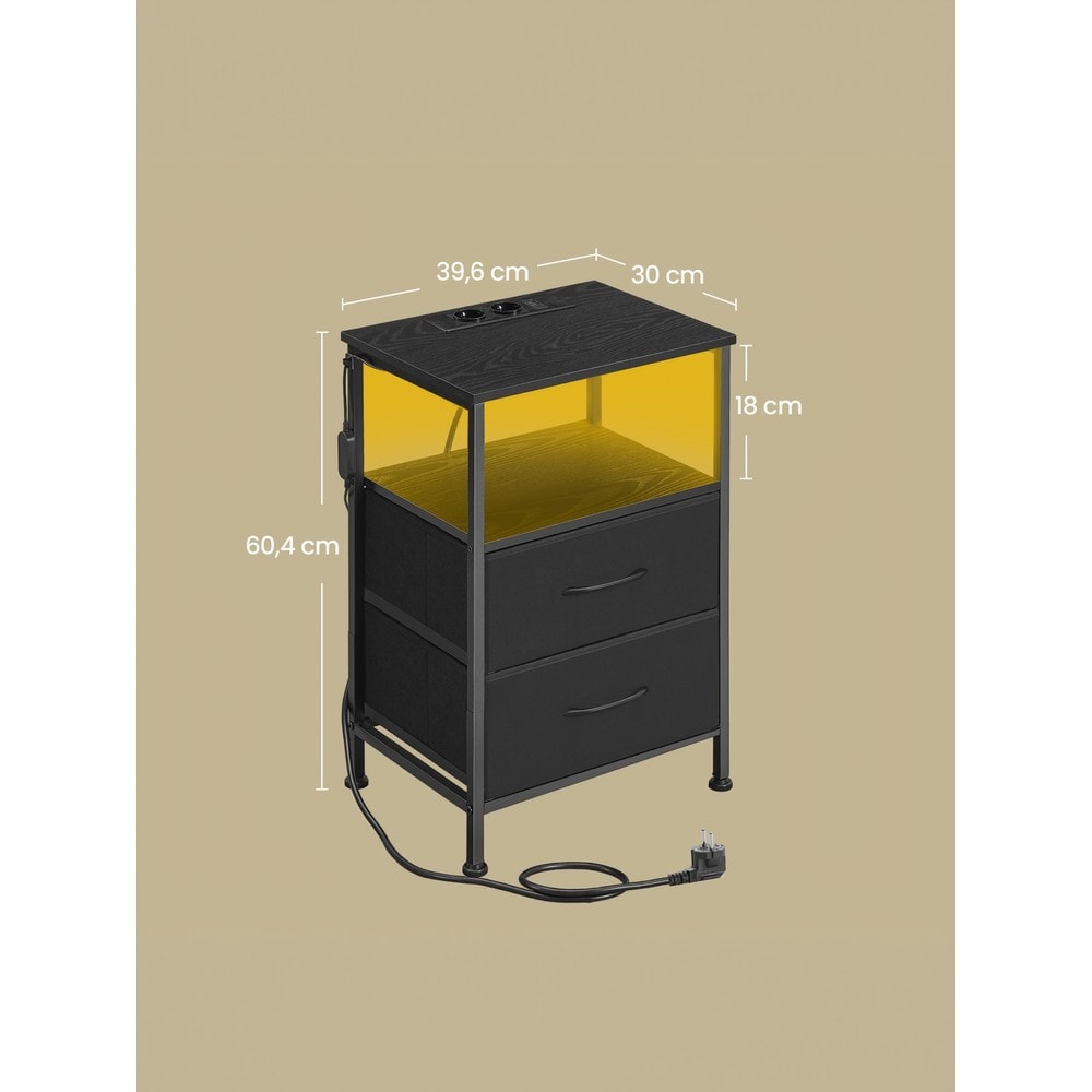 Yöpöytä LED-valaistuksella ja latauspisteellä, 2 laatikkoa, USB-A/USB-C, 39,6 x 30 x 60,4 cm, musta