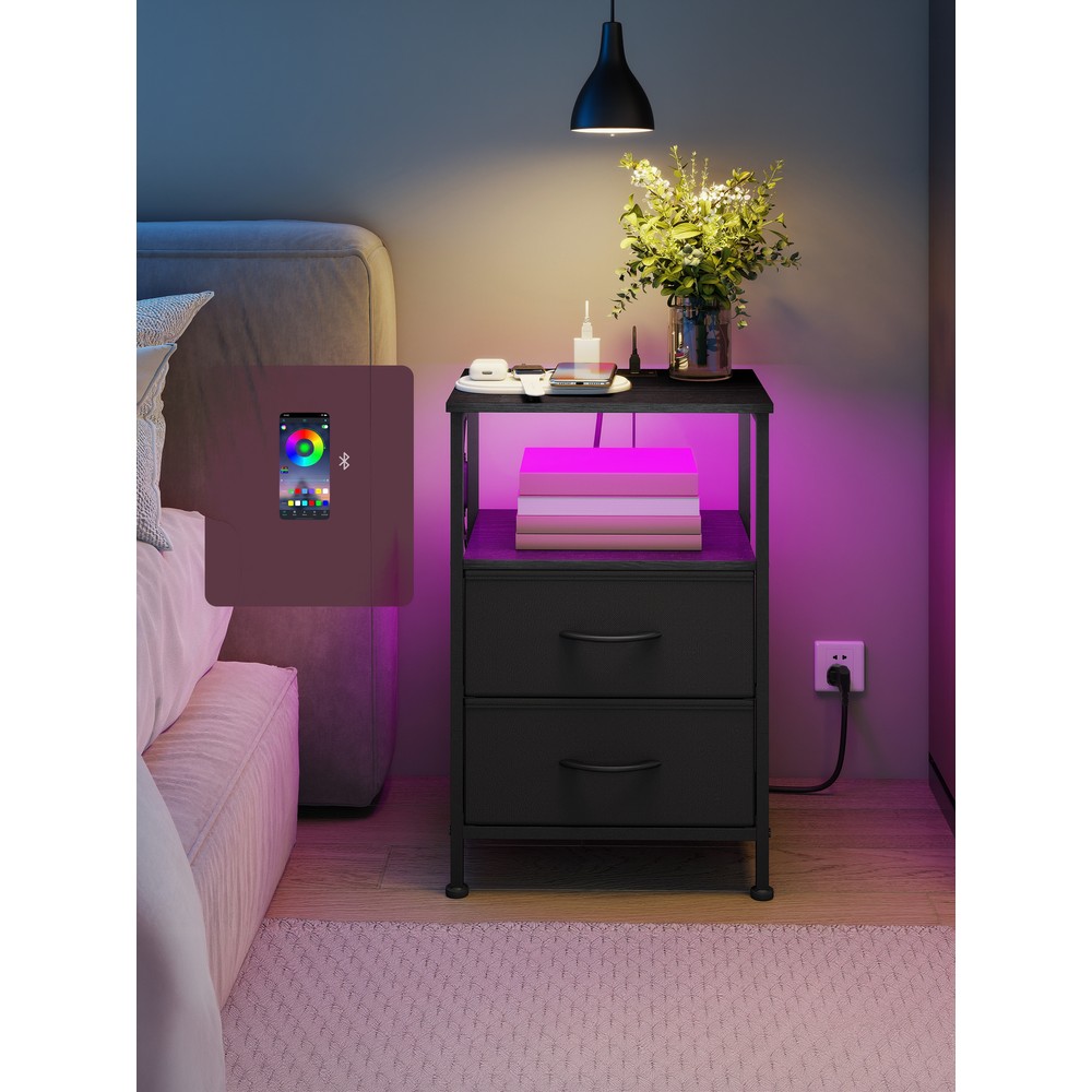 Yöpöytä LED-valaistuksella ja latauspisteellä, 2 laatikkoa, USB-A/USB-C, 39,6 x 30 x 60,4 cm, musta