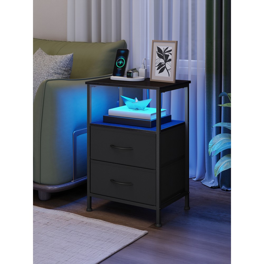 Yöpöytä LED-valaistuksella ja latauspisteellä, 2 laatikkoa, USB-A/USB-C, 39,6 x 30 x 60,4 cm, musta