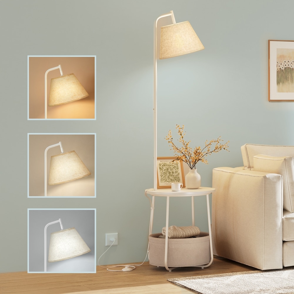 Sivupöytä lattiavalaisimella ja säilytyskorilla, LED 9 W, 3 värilämpötilaa, 45 x 161,5 cm, mattavalkoinen