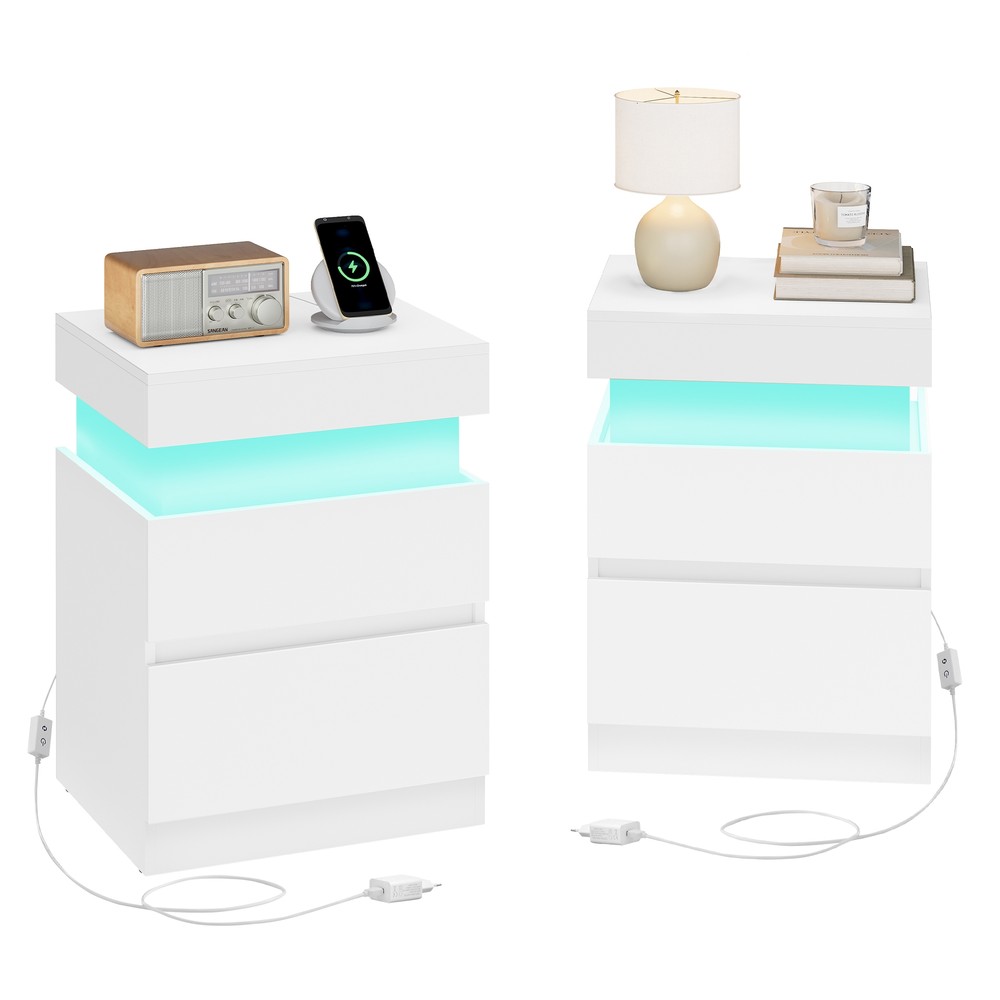 Yöpöydät 2 kpl, LED-valaistus ja piilotettu latauspiste, USB-A/USB-C, 2 laatikkoa, 40 x 35 x 55 cm, valkoinen