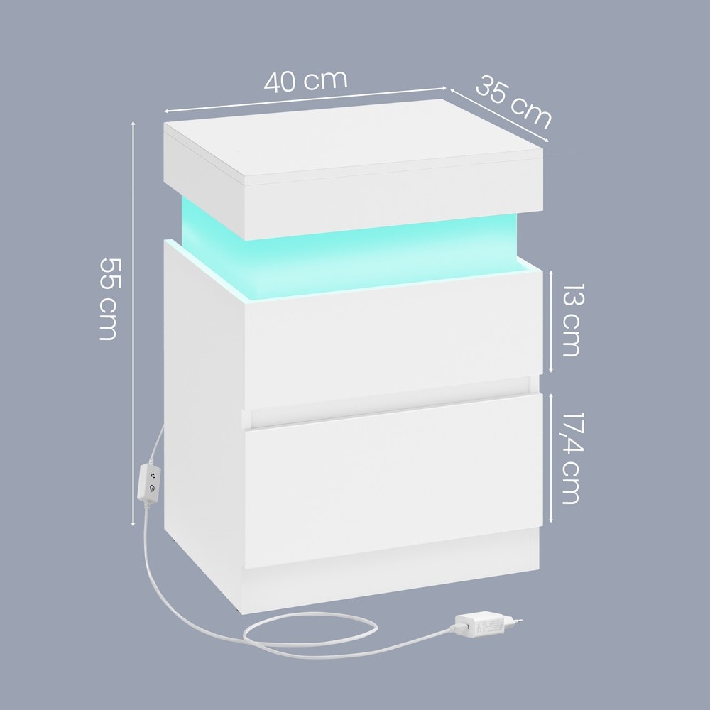 Yöpöydät 2 kpl, LED-valaistus ja piilotettu latauspiste, USB-A/USB-C, 2 laatikkoa, 40 x 35 x 55 cm, valkoinen