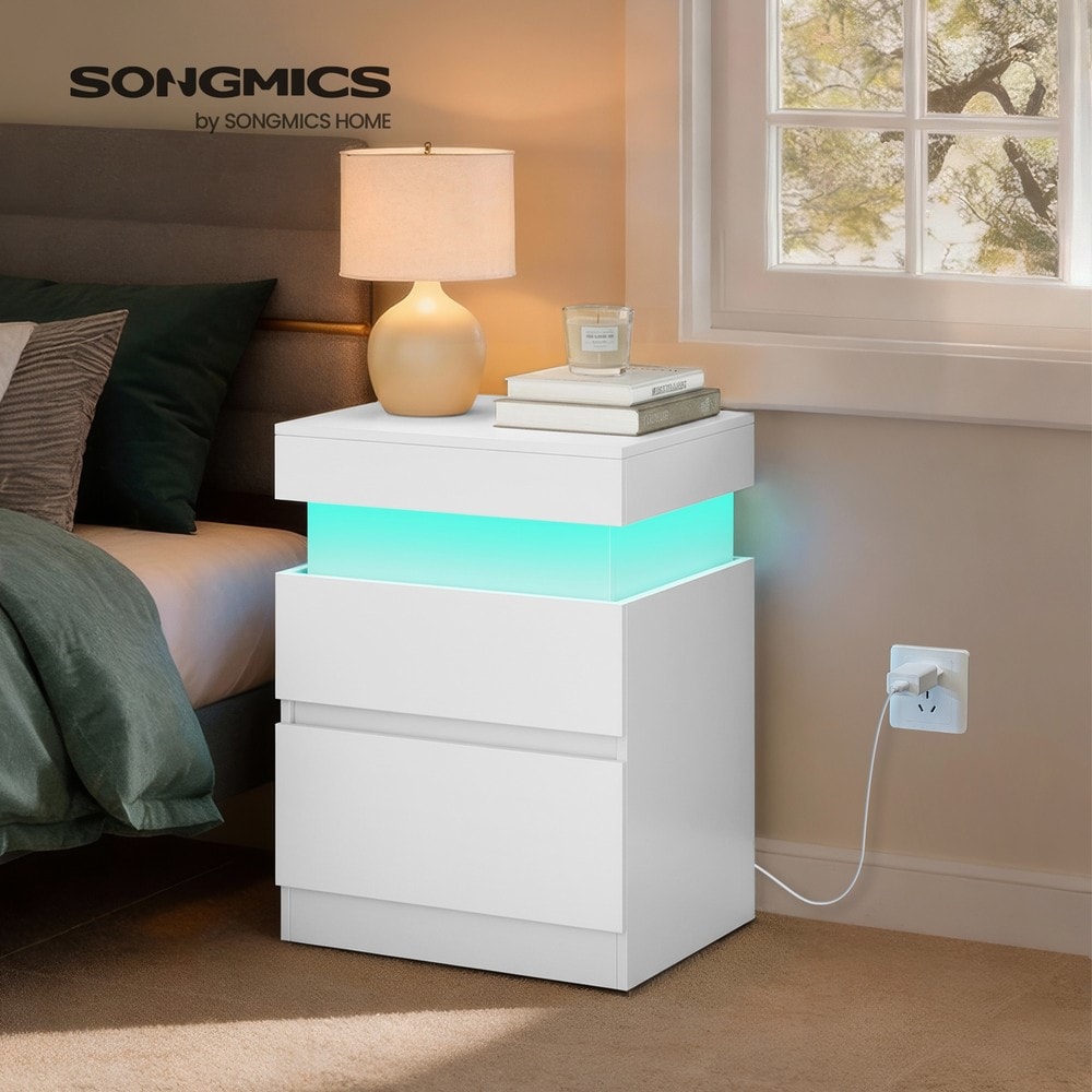 Yöpöydät 2 kpl, LED-valaistus ja piilotettu latauspiste, USB-A/USB-C, 2 laatikkoa, 40 x 35 x 55 cm, valkoinen
