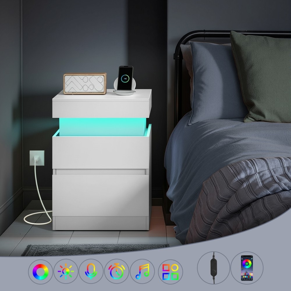 Yöpöydät 2 kpl, LED-valaistus ja piilotettu latauspiste, USB-A/USB-C, 2 laatikkoa, 40 x 35 x 55 cm, valkoinen