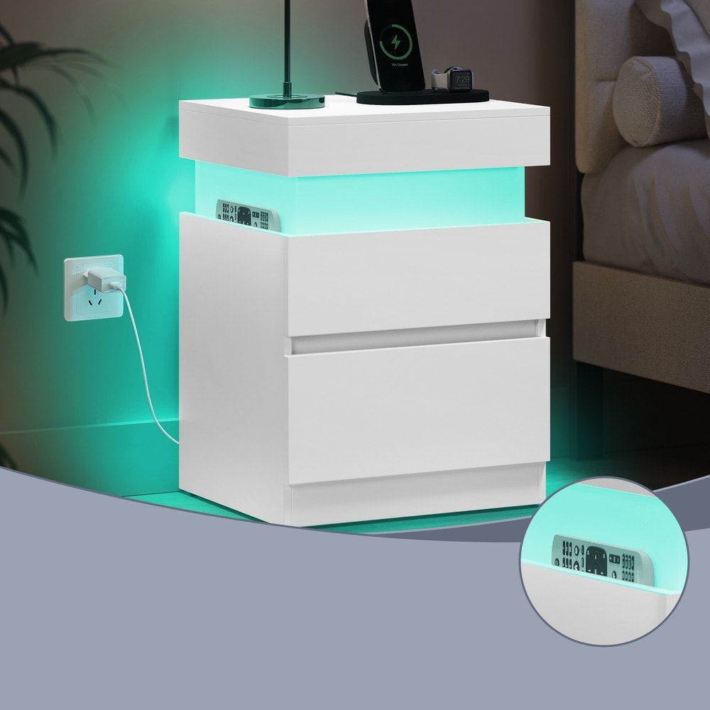 Yöpöydät 2 kpl, LED-valaistus ja piilotettu latauspiste, USB-A/USB-C, 2 laatikkoa, 40 x 35 x 55 cm, valkoinen